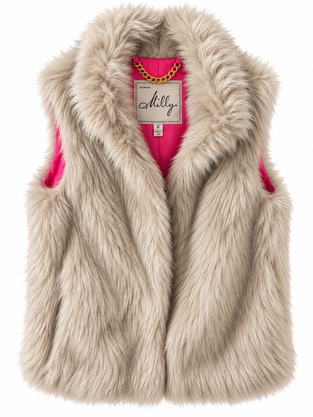Milly Ivory Faux Fur Vest Sz 2 Gold Chain Pink Lining Made in USA